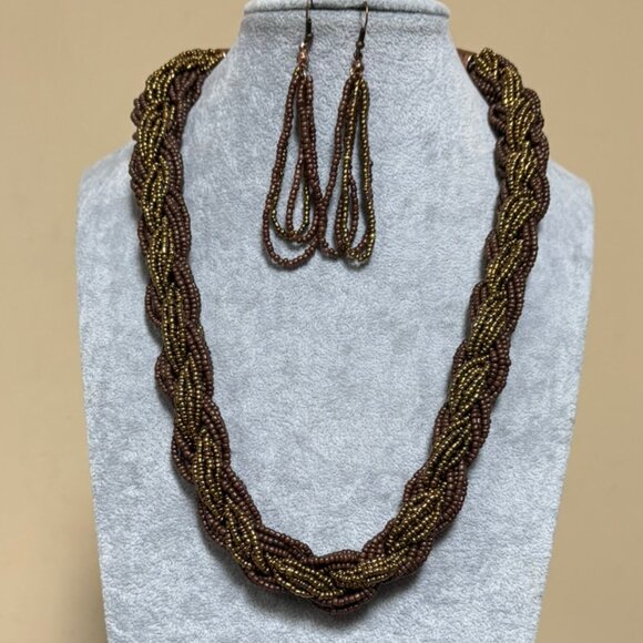 Multi Strand Mutli Broun glass Seed Bead Braided Necklace Earring Set - Picture 1 of 3